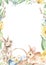 Watercolor rectangular frame with Easter bunnies, basket with Easter eggs, tender spring greenery, leaves, flowers, willows