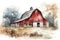 Watercolor red barn, hand painted farmhouse illustration. Generative AI