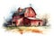 Watercolor red barn, hand painted farmhouse illustration. Generative AI