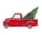 Watercolor red car, truck with green christmas tree isolated on white background