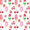 Watercolor red cherries seamless pattern with berry and ice popsicles , isolated on white background. Summer bright print