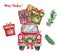Watercolor red Christmas car with holiday gift boxes, isolated on white background. hand painted cartoon illustration