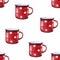 Watercolor red enamel polka dot mug cup seamless pattern. Decorative retro chevron