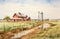 Watercolor Red Farm Barn With Silos And Small Creek