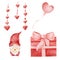 Watercolor red gnome, gift box, balloon and festoon illustrations. Valentine hand painted clipart set.
