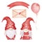 Watercolor red gnomes, love letter, balloon and banner. Hand drawn clipart.