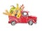 Watercolor red harvest truck with autumn seasonal vegetables and fruits, isolated. Hand painted cartoon abstract retro car,