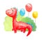 Watercolor red kind cartoon  dinosaur congratulates, invites, smiles and is affable on the background of three gel balls