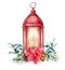 Watercolor red lantern with Christmas decor. Hand painted lamp, candle, fir branch, poinsettia, golden bells, fir cone