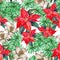 Watercolor red poinsettia with white lily and branch pine seamless pattern.