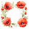 Watercolor Red Poppy Flower Wreath - Intricate Quadratura Style Illustration