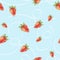 Watercolor red strawberry isolated on blue background. Handwork exotic summer draw. Hello my style. Seamless berry pattern
