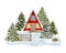 Watercolor red wood cabin in winter forest illustration. Hand drawn modern triangle cottage with snowy fir trees