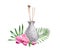 Watercolor refresher with orchid flowers. Vase with wooden sticks. Interior decotation of grey stone. Realistic