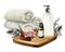 Watercolor relaxation set of towels, essential oil bottle, shower gel, soap bars with eucalyptus branchers and succulets