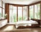 Watercolor of rendered bedroom with wooden white brown white and window with nature