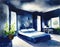 Watercolor of A rendered dark blue bedroom with a cozy showcased as a home design