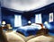 Watercolor of A rendered dark blue bedroom with a cozy showcased as a home design