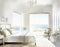 Watercolor of rendered white coastal bedroom with cozy