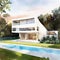 Watercolor of Rendering of contemporary house with pool and parking for sale or