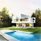 Watercolor of Rendering of contemporary house with pool and parking for sale or