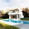 Watercolor of Rendering of contemporary house with pool and parking for sale or