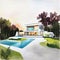 Watercolor of Rendering of contemporary house with pool and parking for sale or