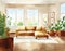 Watercolor of rendering of a cozy living room with a couch and a placeholder