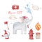 Watercolor rescue kit. Little Heroes the fire rescue funny cartoon, Elephant hand drawn colorful illustration on white background