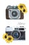 Watercolor retro cameras on a white background. Logo camera. Vintage cameras. Hand draw art illustration.Graphic for fabric,tee-sh