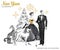 Watercolor retro illustration. Golden luxury style. Hand painted man and women with champagne, dogs, Christmas tree and