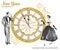 Watercolor retro illustration. Golden luxury style. Hand painted man and women with champagne, jewellery clock and
