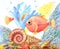 Watercolor retro underwater world with a fish