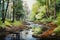 a watercolor of a river in a forest