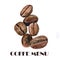 Watercolor roasted coffee beans accurate and detailed drawing. Hand drawn realistic design. Coffee shop menu cover