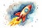 watercolor rocket in outer space on a white background.