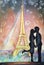 Watercolor romantic kiss. Silhouette of young couple in love with Eiffel Tower background in Paris.