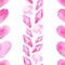 Watercolor romantic seamless pattern for Saint Valentine`s Day. Hand drawn pink hearts, diamonds, crystals in line border.