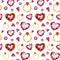 Watercolor romantic seamless pattern for Saint Valentine`s Day. Hand drawn ruby hearts, diamonds and rings,  Elements isolated on