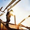 Watercolor of roofer working on roof structure at construction site