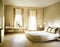 Watercolor of A roomy bedroom decorated in tones of beige and