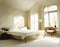 Watercolor of A roomy bedroom decorated in tones of beige and