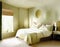 Watercolor of A roomy bedroom decorated in tones of beige and