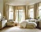 Watercolor of A roomy bedroom decorated in tones of beige and