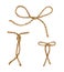 Watercolor rope bow knot. Hand drawn jute cord illustration. Set of natural burlap rope with tied bow decorations