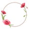 Watercolor rope wreath with poppies. Hand painted round floral frame.