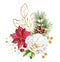 Watercolor rose bouquet with red poinsettia, golden glitter florals. Christmas arrangement with white briar flower, pine