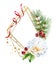 Watercolor rose with golden glitter frame. Realistic floral arrangement with white flower, pine tree and ribbon. Winter