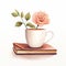 Watercolor Rose Illustration With Tea Cup And Book