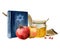 Watercolor Rosh Hashanah symbols with Torah book, star of David, honey jar, pomegranate, long shofar horn illustration